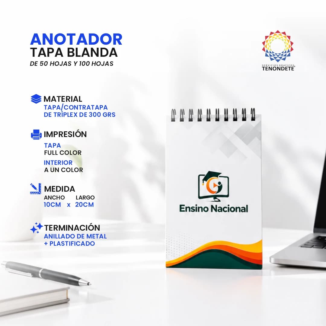 Anotador tapa blanda 10 x 20 cm, tapa full color, anillado de metal
